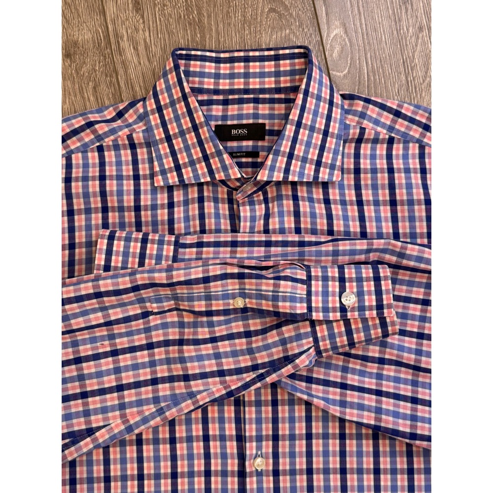 Hugo Boss Slim Fit M Plaid 100% Cotton Blue Pink White Mens 17 43 Large